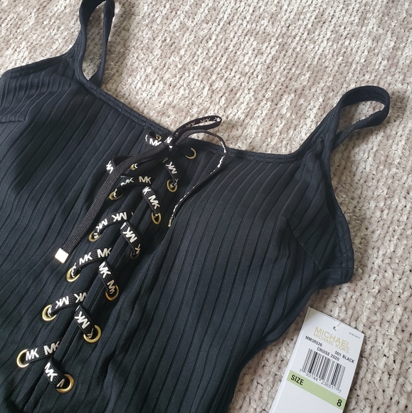 Michael Kors Lace-Up Textured One-Piece Swimsuit in Black - Picture 4 of 7